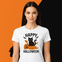 Load image into Gallery viewer, Women&#39;s  Happy Halloween Black Cat &amp; Pumpkin – Cute Spooky Shirt-Classic Women&#39;s Crewneck T-shirt
